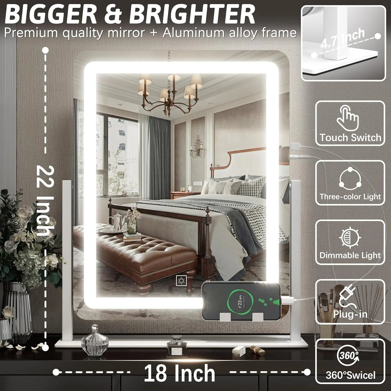 22 inch LED illuminated makeup mirror, large makeup mirror with light, 3-color illuminated touch screen, dimmable (white)