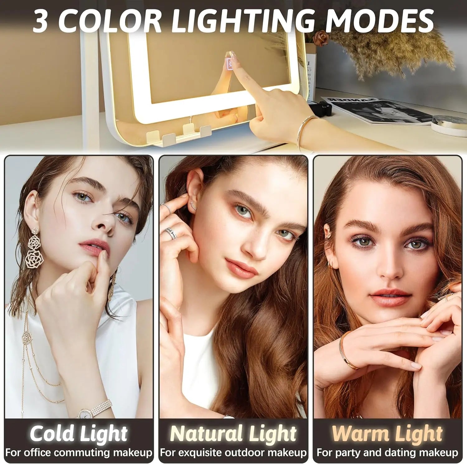 22 inch LED illuminated makeup mirror, large makeup mirror with light, 3-color illuminated touch screen, dimmable (white)