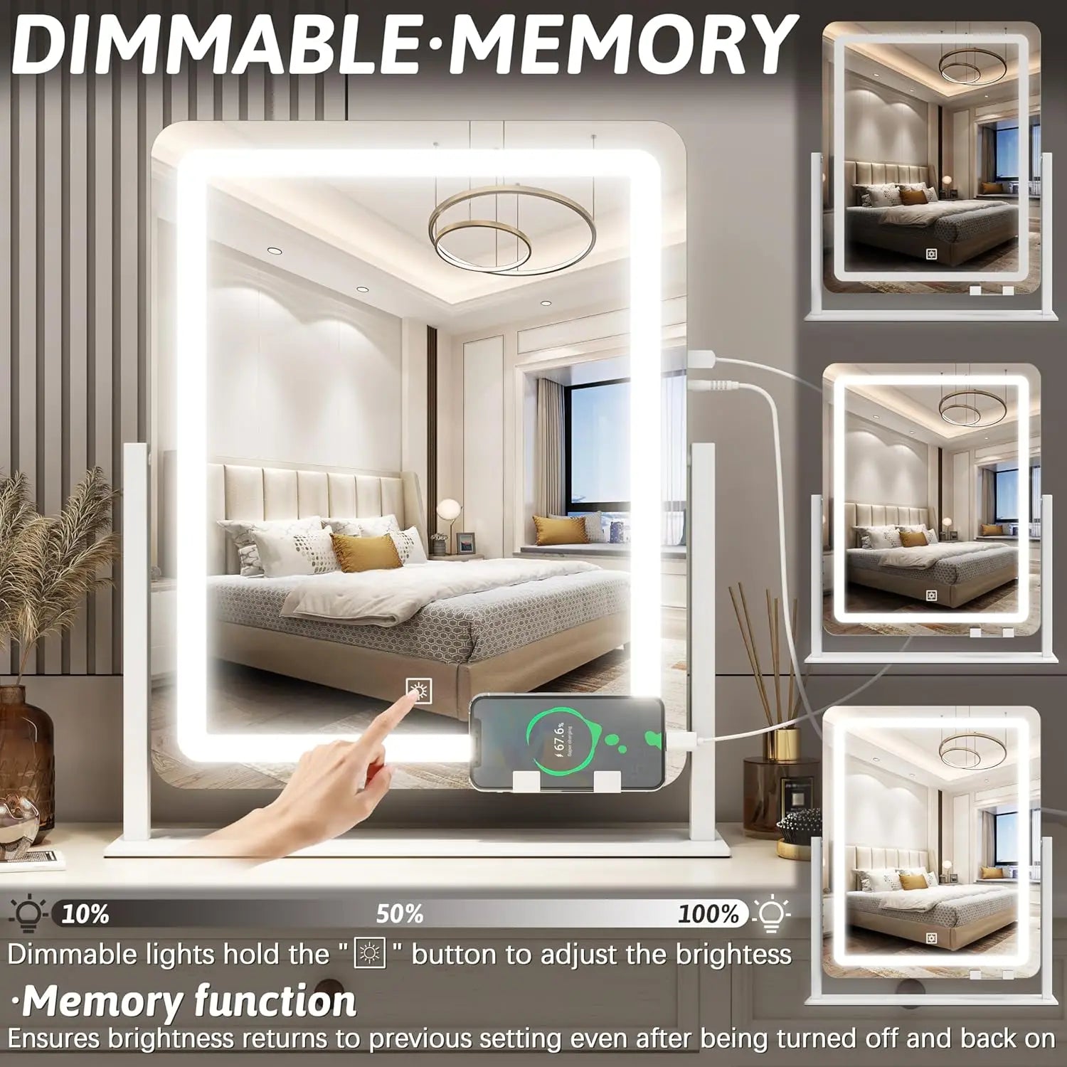 22 inch LED illuminated makeup mirror, large makeup mirror with light, 3-color illuminated touch screen, dimmable (white)