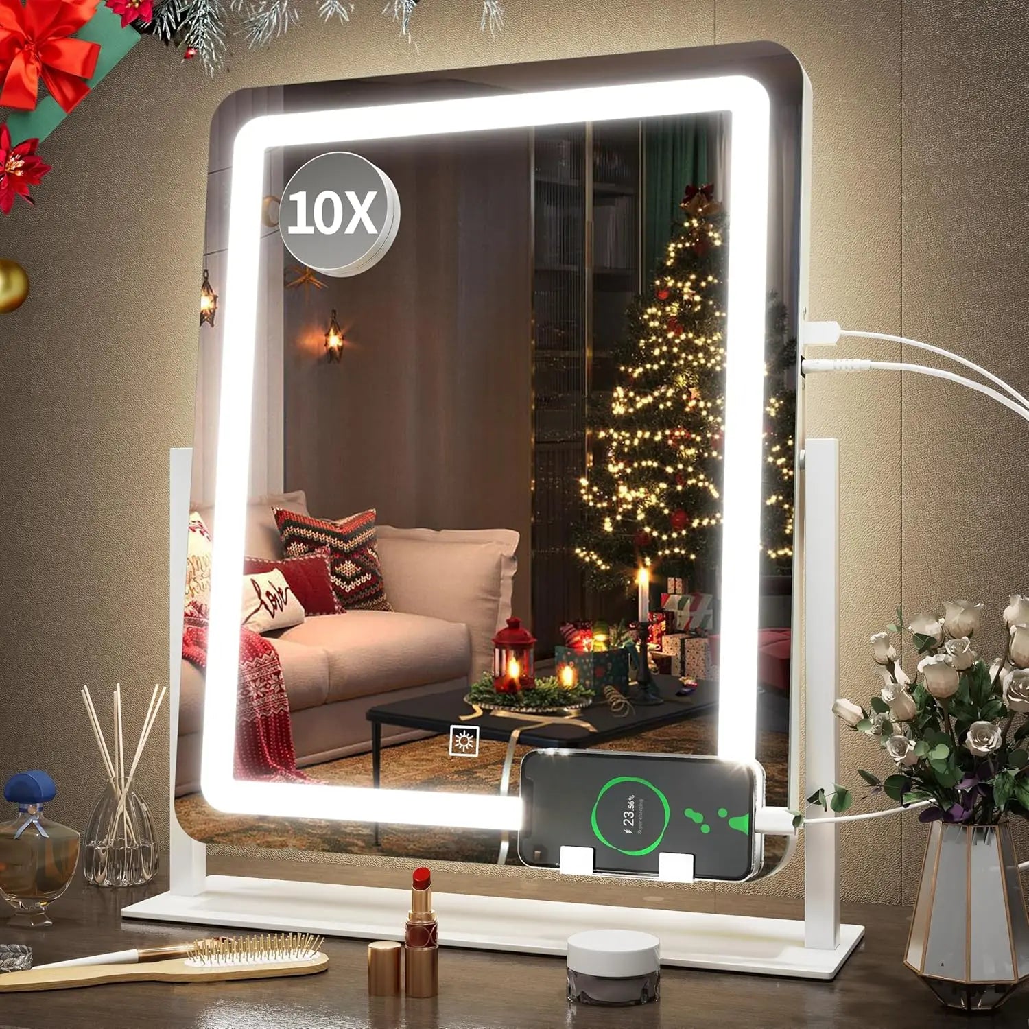 22 inch LED illuminated makeup mirror, large makeup mirror with light, 3-color illuminated touch screen, dimmable (white)