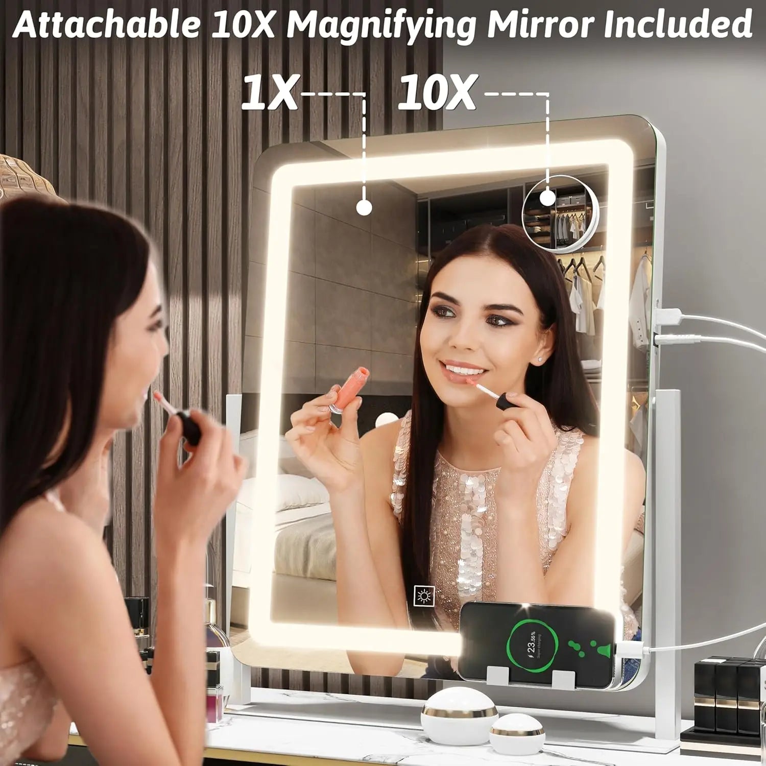 22 inch LED illuminated makeup mirror, large makeup mirror with light, 3-color illuminated touch screen, dimmable (white)