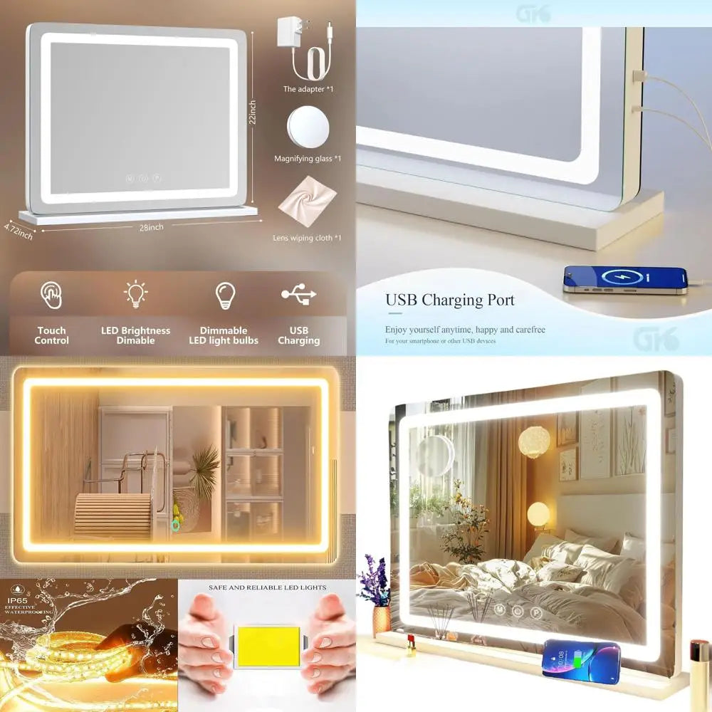 28 x 22 LED Vanity Mirror with USB Port, 10X Magnification, 3 Light Modes, Touch Control