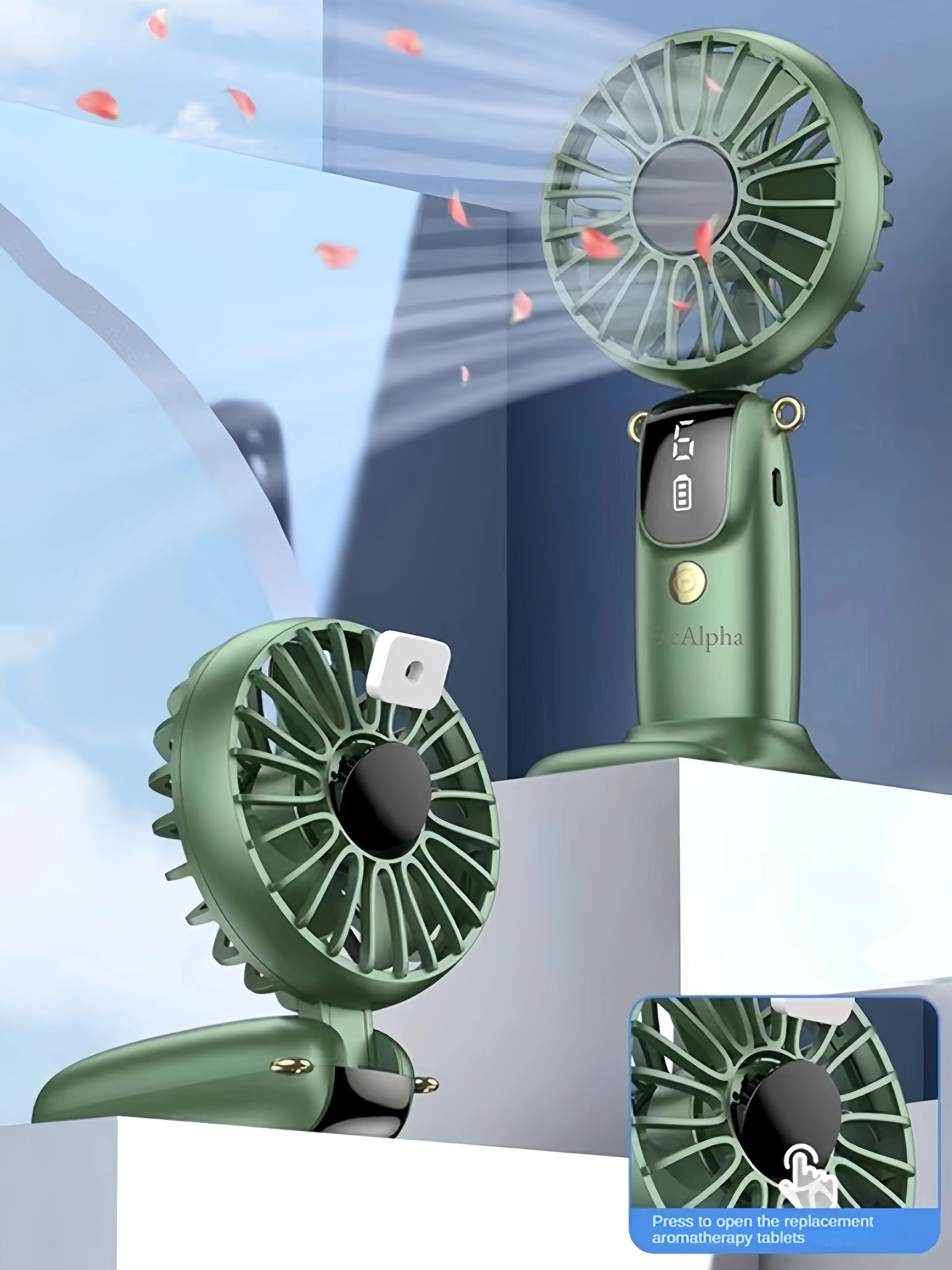 1 Portable Mini Fan with LED Display, Neck Fan, USB Rechargeable Handheld Fan, 6 Wind Adjustments, 180 Degree Foldable, Battery