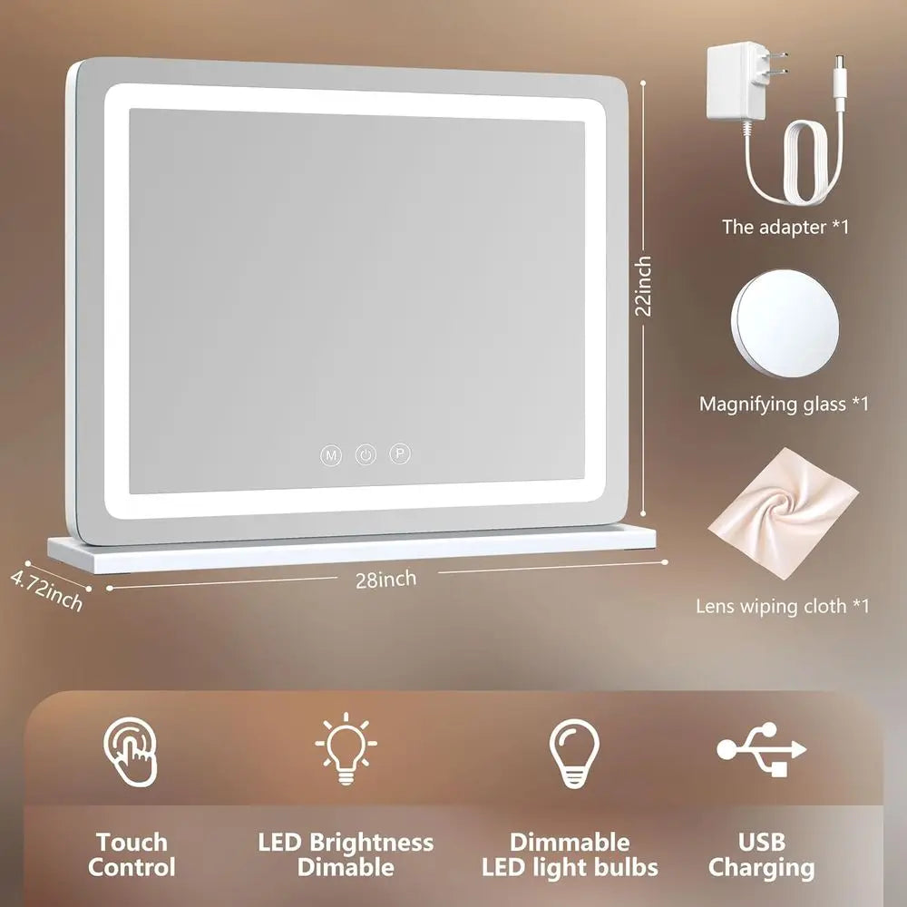 28 x 22 LED Vanity Mirror with USB Port, 10X Magnification, 3 Light Modes, Touch Control