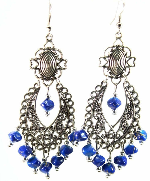 Blue Boho Scrollwork Silver Tone Dangle Statement Earrings
