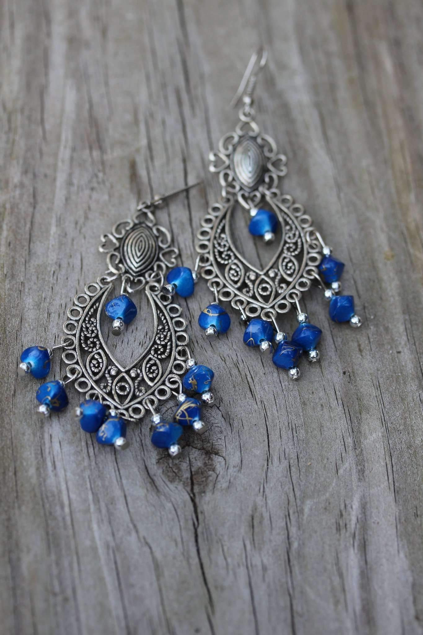Blue Boho Scrollwork Silver Tone Dangle Statement Earrings