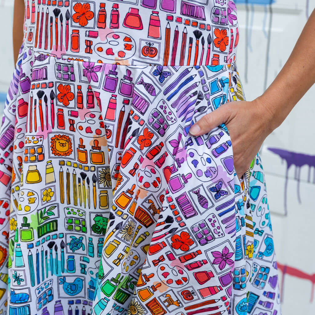 Adult "Smarty Paints" Rainbow Art Supplies Super Twirler Dress with Pockets